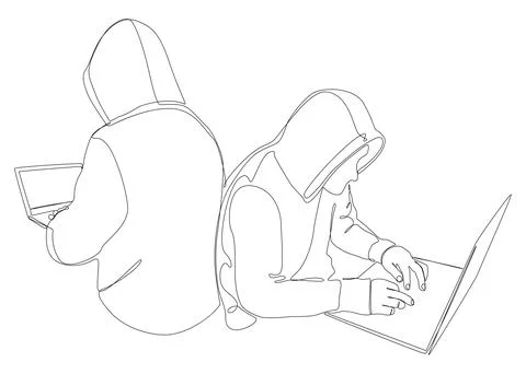 One continuous line of group of male people with laptop, workin as a develo.. Illustrazione stock