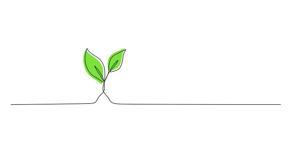 One continuous line growing sprout. Hand drawn doodle line art plant with green Stock Illustration