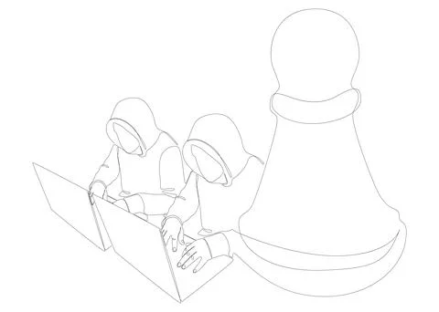 One continuous line of Hacker with laptop and chess pawn. Thin Line Illustr.. Stock Illustration