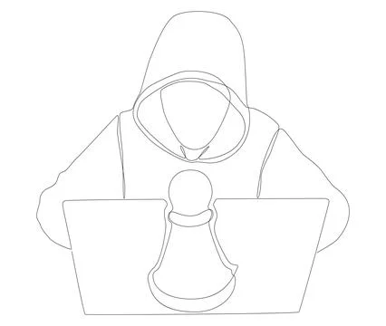One continuous line of Hacker with laptop and chess pawn. Thin Line Illustr.. Stock Illustration