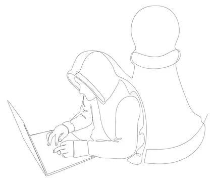 One continuous line of Hacker with laptop and chess pawn. Thin Line Illustr.. Stock Illustration