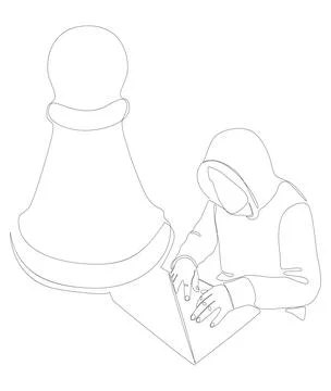 One continuous line of Hacker with laptop and chess pawn. Thin Line Illustr.. Stock Illustration