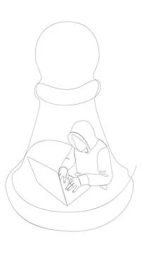One continuous line of Hacker with laptop and chess pawn. Thin Line Illustr.. Stock Illustration