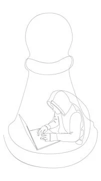 One continuous line of Hacker with laptop and chess pawn. Thin Line Illustr.. Stock Illustration