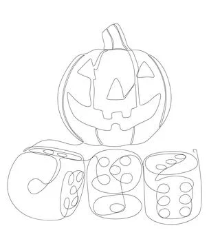 One continuous line of Halloween Jack O' Lantern pumpkin with dice. Thin Li.. Stock Illustration