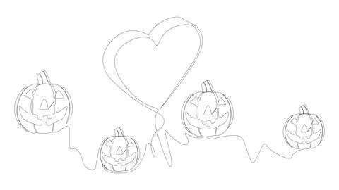 One continuous line of Halloween Jack O' Lantern Pumpkin with Heart. Thin L.. Stock Illustration