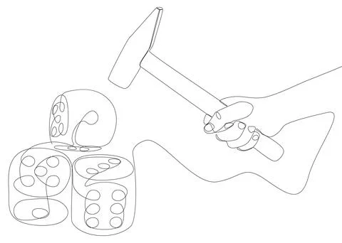 One continuous line of Hammer and Dice. Thin Line Illustration vector conce.. Stock Illustration