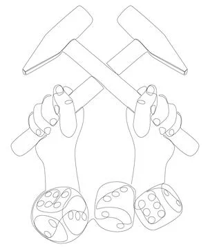 One continuous line of Hammer and Dice. Thin Line Illustration vector conce.. Stock Illustration