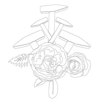 One continuous line of hammer and rose. Thin Line Illustration vector conce.. Illustration