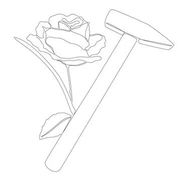 One continuous line of hammer and rose. Thin Line Illustration vector conce.. Illustration
