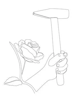 One continuous line of hammer and rose. Thin Line Illustration vector conce.. Illustration