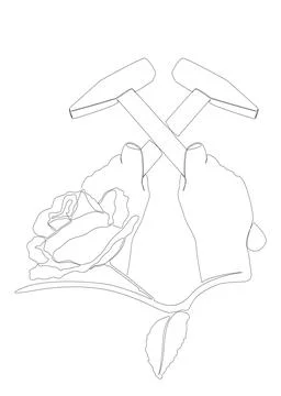 One continuous line of hammer and rose. Thin Line Illustration vector conce.. Illustration