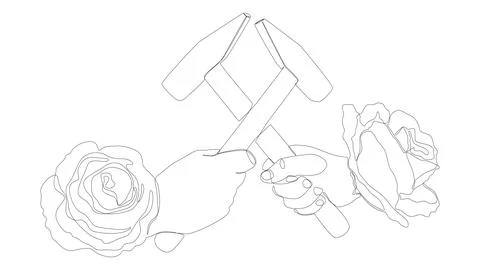 One continuous line of hammer and rose. Thin Line Illustration vector conce.. Illustration