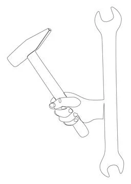 One continuous line of Hammer and Wrench. Thin Line work tools Illustration.. Illustrazione stock