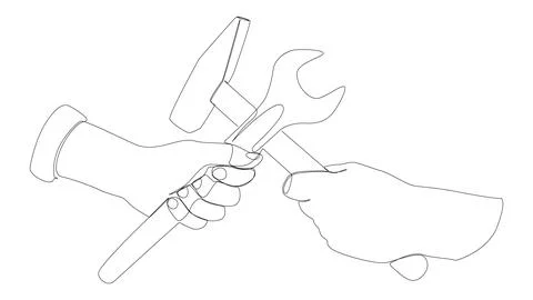 One continuous line of Hammer and Wrench. Thin Line work tools Illustration.. Illustrazione stock