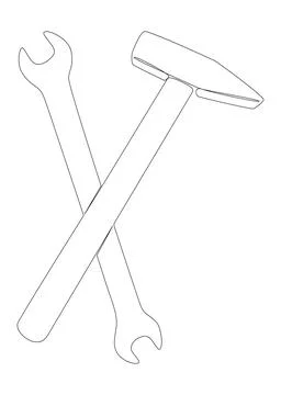 One continuous line of Hammer and Wrench. Thin Line work tools Illustration.. Illustrazione stock
