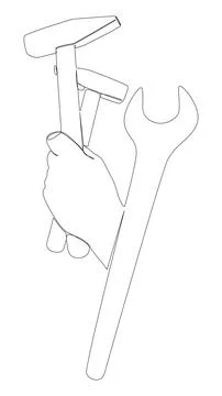 One continuous line of Hammer and Wrench. Thin Line work tools Illustration.. Illustrazione stock