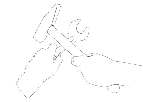 One continuous line of Hammer and Wrench. Thin Line work tools Illustration.. Stock Illustration
