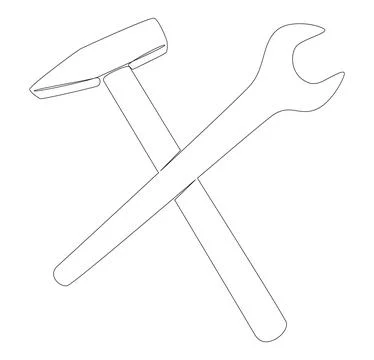 One continuous line of Hammer and Wrench. Thin Line work tools Illustration.. Illustrazione stock
