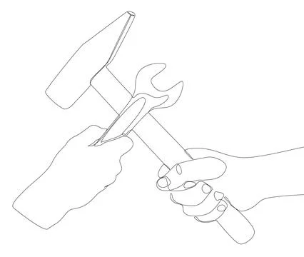 One continuous line of Hammer and Wrench. Thin Line work tools Illustration.. Illustrazione stock