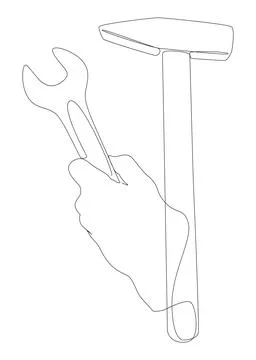 One continuous line of Hammer and Wrench. Thin Line work tools Illustration.. Illustrazione stock