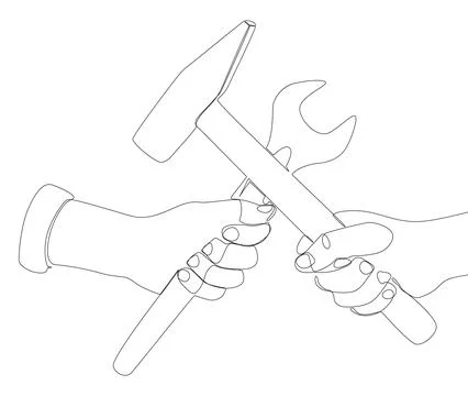 One continuous line of Hammer and Wrench. Thin Line work tools Illustration.. Illustrazione stock