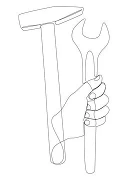 One continuous line of Hammer and Wrench. Thin Line work tools Illustration.. Illustrazione stock