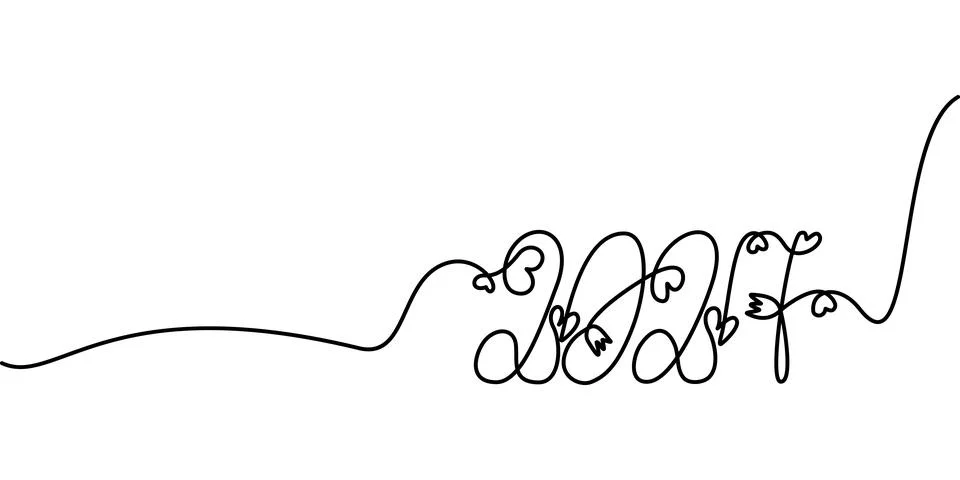 One continuous line Hand drawn lettering 2027 with hearts and flowers decor New Stock Illustration