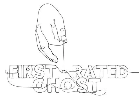 One continuous line of hand with First-Rated Ghost word. Thin Line Illustra.. Stock Illustration