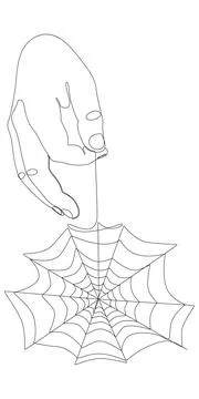 One continuous line of hand holding spider web. Thin Line Illustration vect.. Stock Illustration