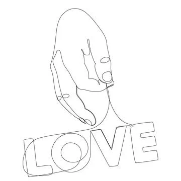 One continuous line of hand holding a string with Love word. Thin Line Illu.. Stock Illustration