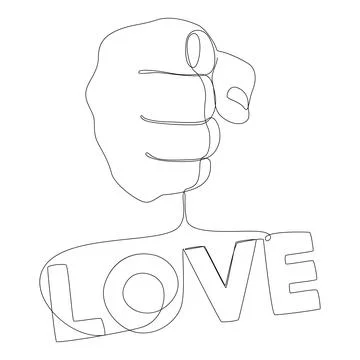 One continuous line of hand holding a string with Love word. Thin Line Illu.. Stock Illustration
