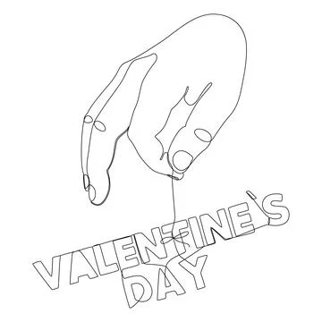 One continuous line of hand holding a string with Valentines Day word. Thin.. Stock Illustration