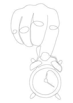 One continuous line of hand holding, showing Alarm Clock word. Thin Line Il.. Illustrazione stock