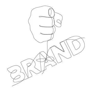 One continuous line of hand holding a string with Brand word. Thin Line Ill.. Illustrazione stock