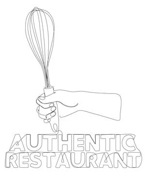 One continuous line of hand holding Kitchen Utensil with Authentic Restaura.. Stock Illustration