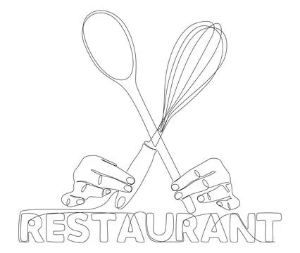 One continuous line of hand holding Kitchen Utensil with Restaurant text. T.. Stock Illustration