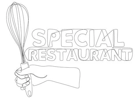 One continuous line of hand holding Kitchen Utensil with Special Restaurant.. Stock Illustration