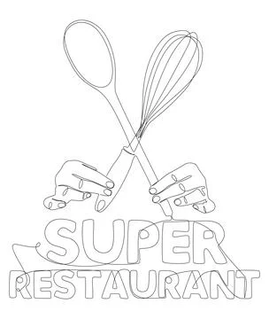 One continuous line of hand holding Kitchen Utensil with Super Restaurant t.. Stock Illustration