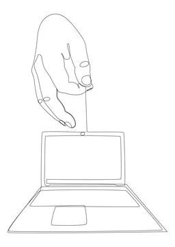 One continuous line of hand with Laptop. Thin Line Illustration vector conc.. Stock Illustration