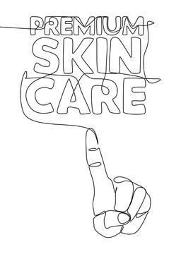 One continuous line of hand with Premium Skin Care word. Thin Line Illustra.. Stock Illustration