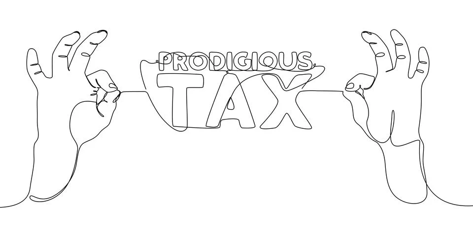 One continuous line of hand with Prodigious Tax word. Thin Line Illustratio.. Illustrazione stock