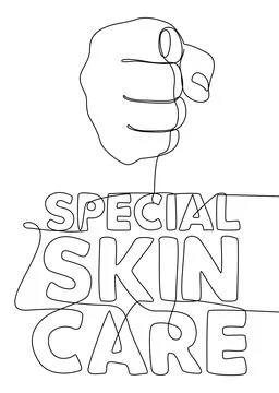 One continuous line of hand with Special Skin Care word. Thin Line Illustra.. Stock Illustration