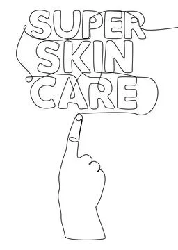 One continuous line of hand with Super Skin Care word. Thin Line Illustrati.. Stock Illustration