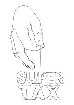 One continuous line of hand with Super Tax word. Thin Line Illustration vec.. Illustrazione stock