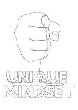 One continuous line of hand with Unique Mindset word. Thin Line Illustratio.. Stock Illustration