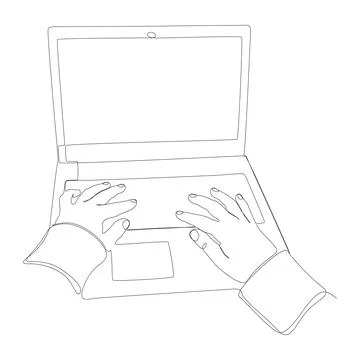 One continuous line of Hands Using Laptop, Typing. Thin Line Illustration v.. Stock Illustration