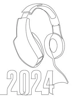 One continuous line of Headset and number 2024. Thin Line Illustration vect.. Stock Illustration