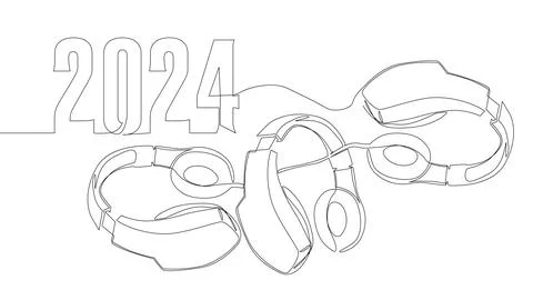 One continuous line of Headset and number 2024. Thin Line Illustration vect.. 库存插图