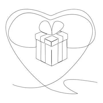 One continuous line of heart shape speech bubble with Gift Box. Thin Line Ill Stock Illustration